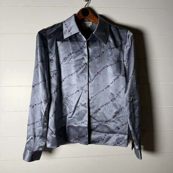 Due per Due Collection Vintage 100% Silk Blouse Size 8 Blue Gray with Purple - Picture 1 of 9